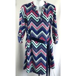 Mini Dress M Blue/Pink Chevron Belted 3/4 Sleeve Hippie Retro Funky 60's 70's